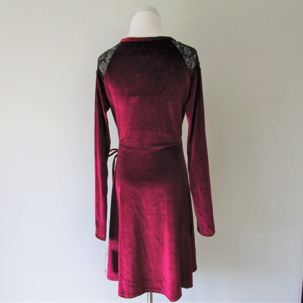 NWT Angie Red Wine Velvet Lace Faux Wrap Dress MED - Picture 7 of 8